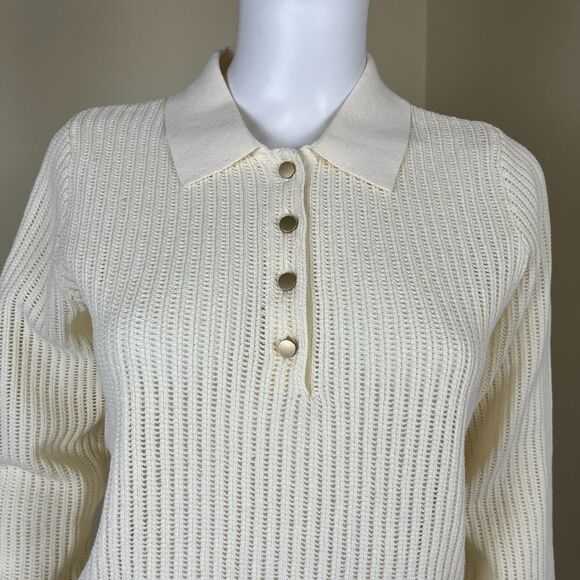 Rag & Bone Women Size M Ivory Vivi Pointelle Knit Polo Sweater Top Minimalist - Picture 7 of 15
